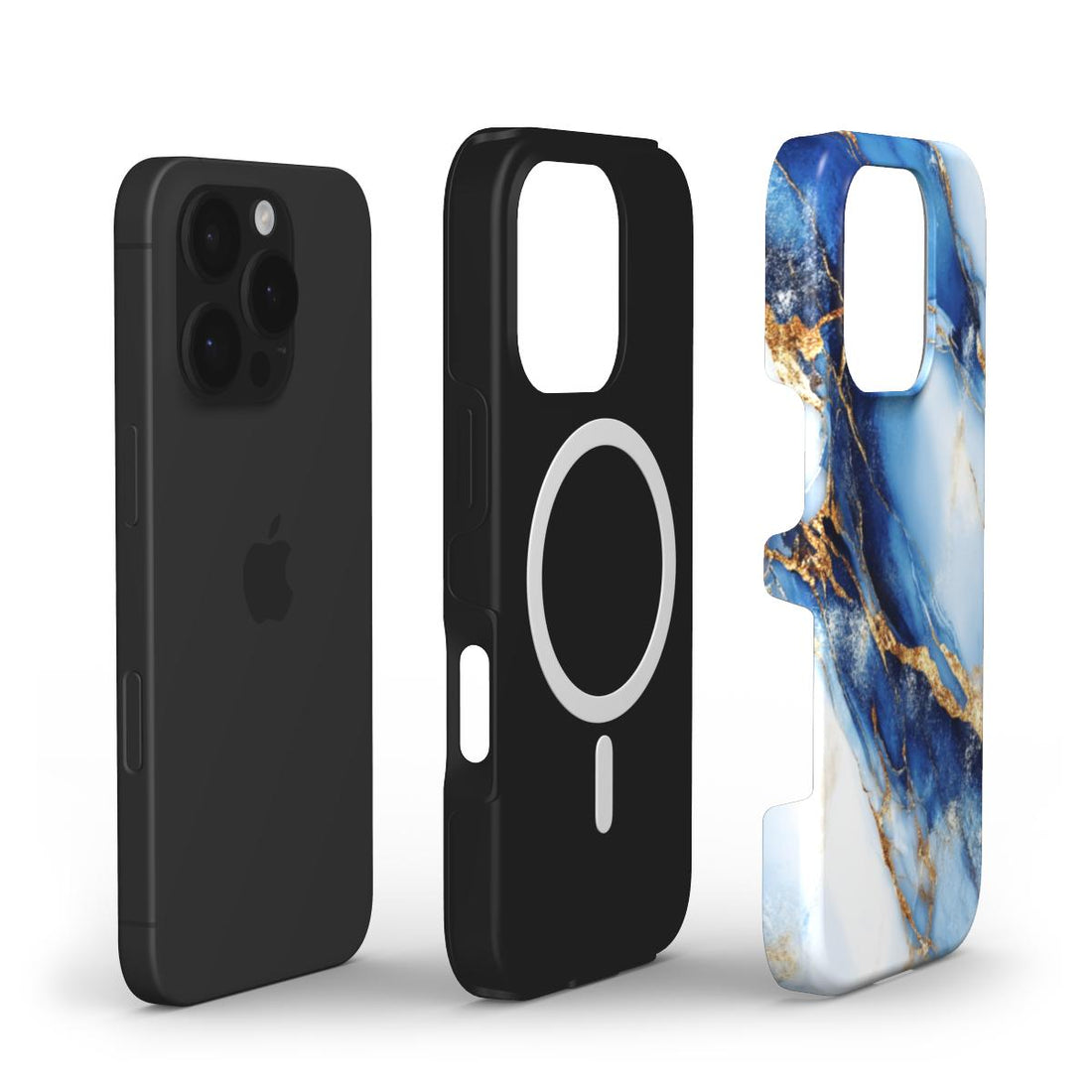 Stoßfeste Samsung-Handyhülle mit schwarzer Innenhülle und elegantem blau-goldenem Marmor-Design für Galaxy Smartphone.