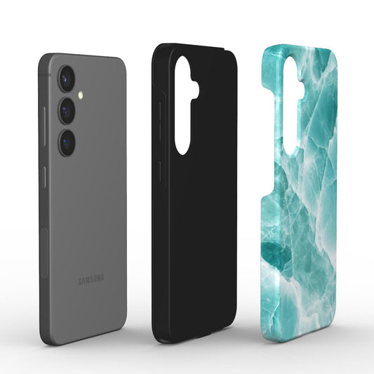 Stoßfeste Samsung-Handyhülle mit schwarzer Innenhülle und modernem türkis-weißem Marmor-Design für Galaxy-Modelle.