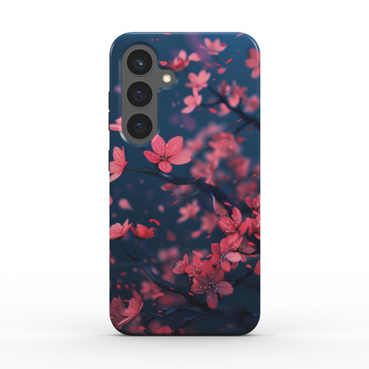 Blumen Handyhülle stoßfest mit Kirschblüten-Motiv in Rosa auf Dunkelblau, Rückansicht