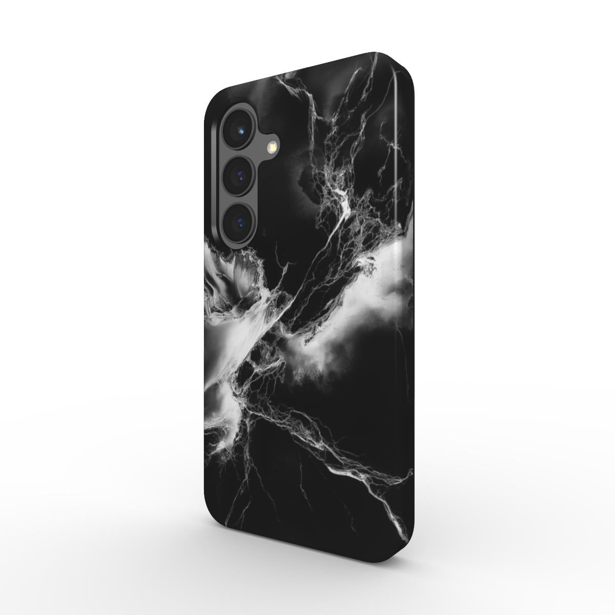 Stoßfeste Handyhülle mit schwarzem Marmor-Design, robuste Schutzhülle mit PC+TPU Aufbau, Seitenperspektive