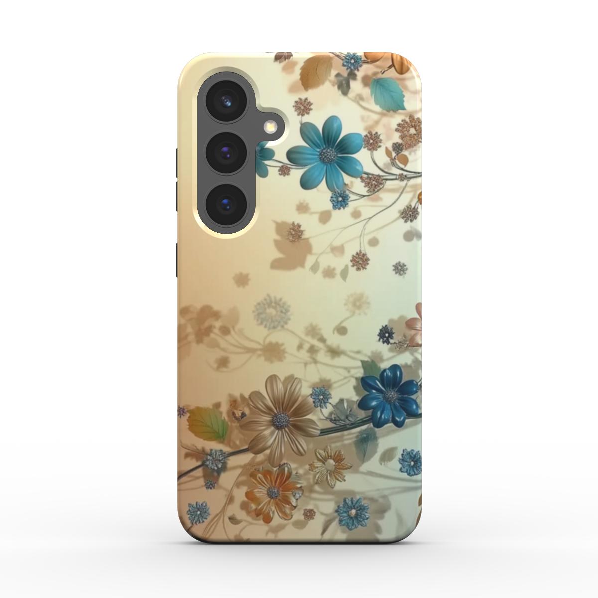 Beige-Blau Blumen Handyhülle – Rückansicht auf Smartphone