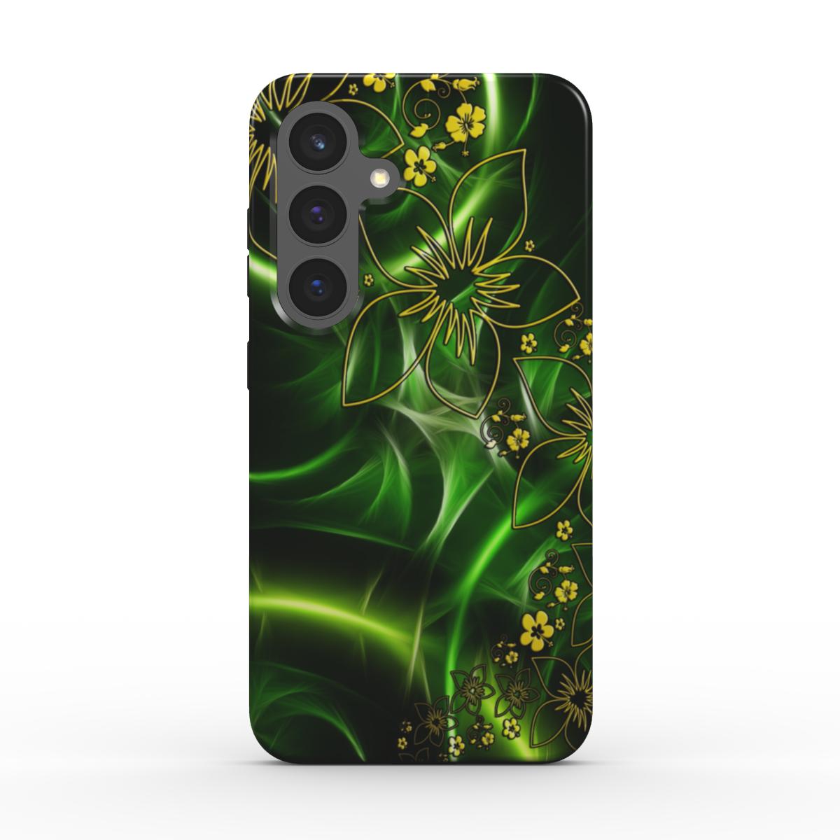 Rückansicht der robusten Handyhülle mit floralem Design in Grün und Gelb