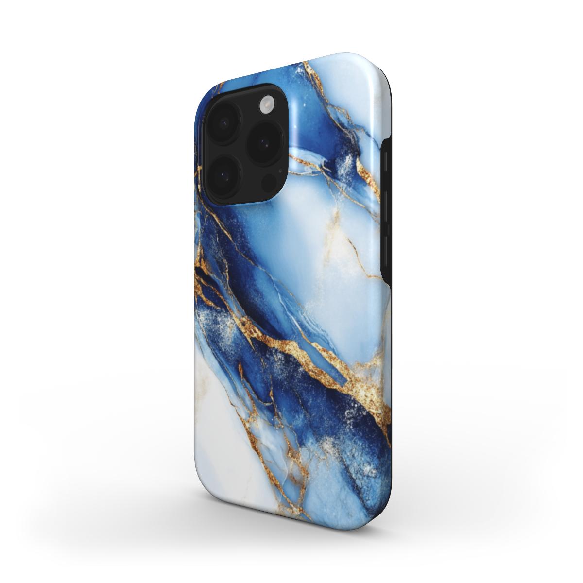 MagSafe Handyhülle mit blau-weiß-goldenem Marmor-Design – Seitenansicht
