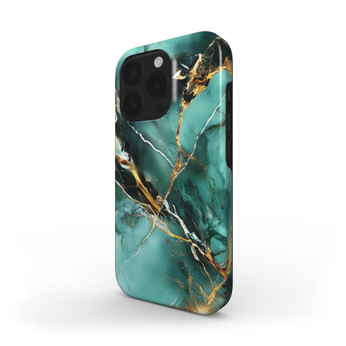MagSafe Handyhülle mit grünem Marmor-Design und goldenen Adern – Seitenansicht