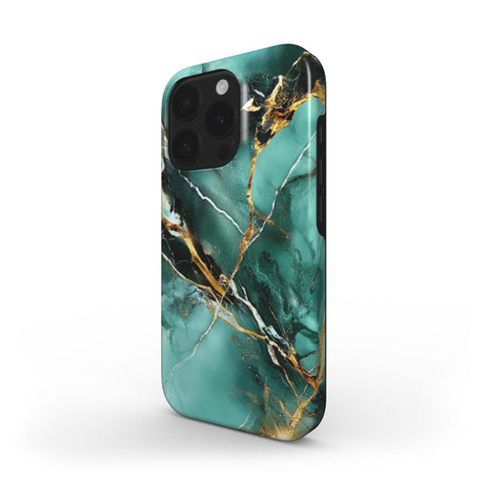 MagSafe Handyhülle mit grünem Marmor-Design und goldenen Adern – Seitenansicht