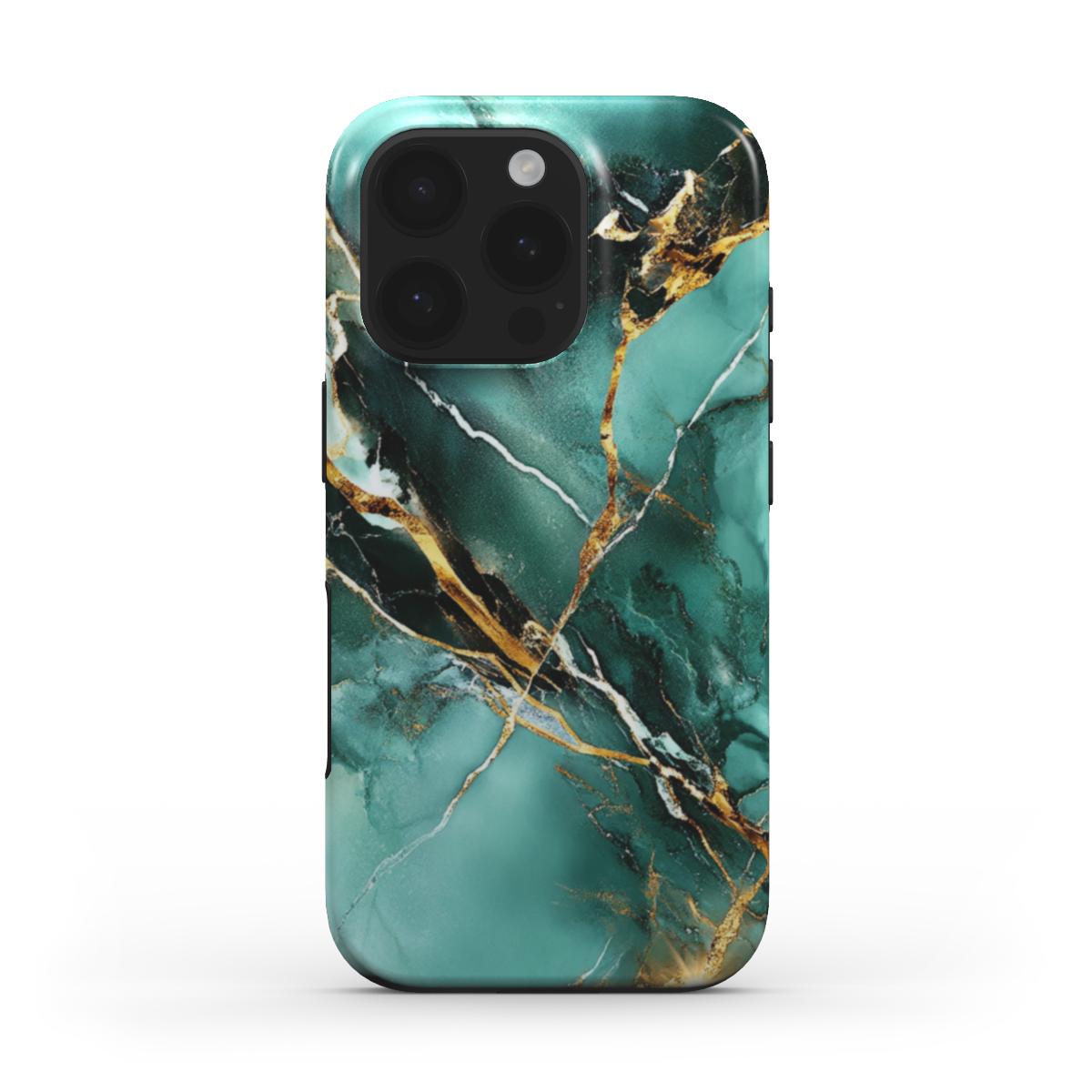 iPhone Hülle in grün-goldenem Marmor-Look – Rückansicht