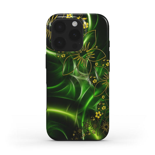 Florale iPhone Hülle mit kräftigem Grün, Gelb und Schwarz – Rückseite