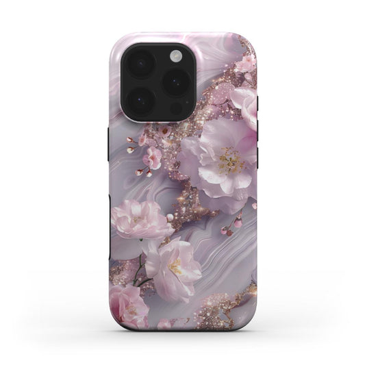iPhone Hülle mit Glitzer-Marmor Design und floralen Details in Rosa – Rückseite