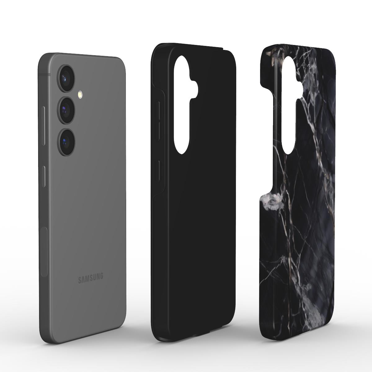 Aufbau der schwarzen Marmor Handyhülle – Smartphone, TPU-Kern und PC-Außenschicht im Überblick