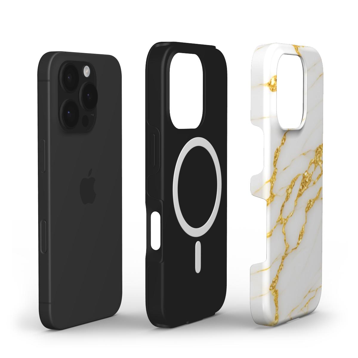 Explosionsdarstellung: iPhone, TPU-Schicht und weiße Marmorhülle mit Goldmuster