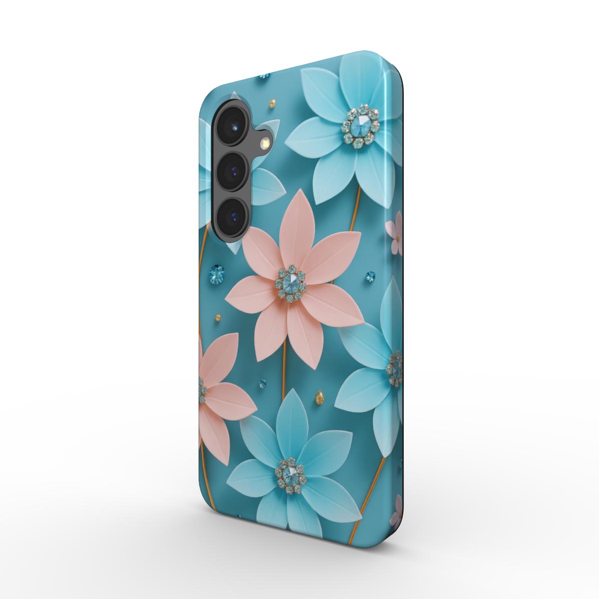 Stoßfeste Handyhülle mit rosa und blauen Blumen und Glitzerelementen – Seitenansicht
