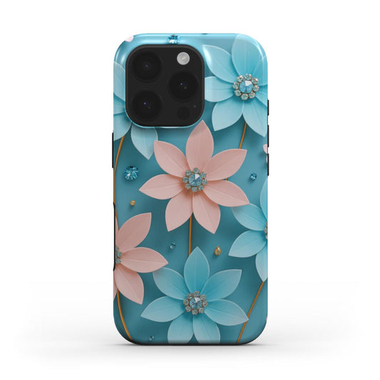 Florale MagSafe iPhone-Hülle mit rosa und blauen Blüten – Rückseite