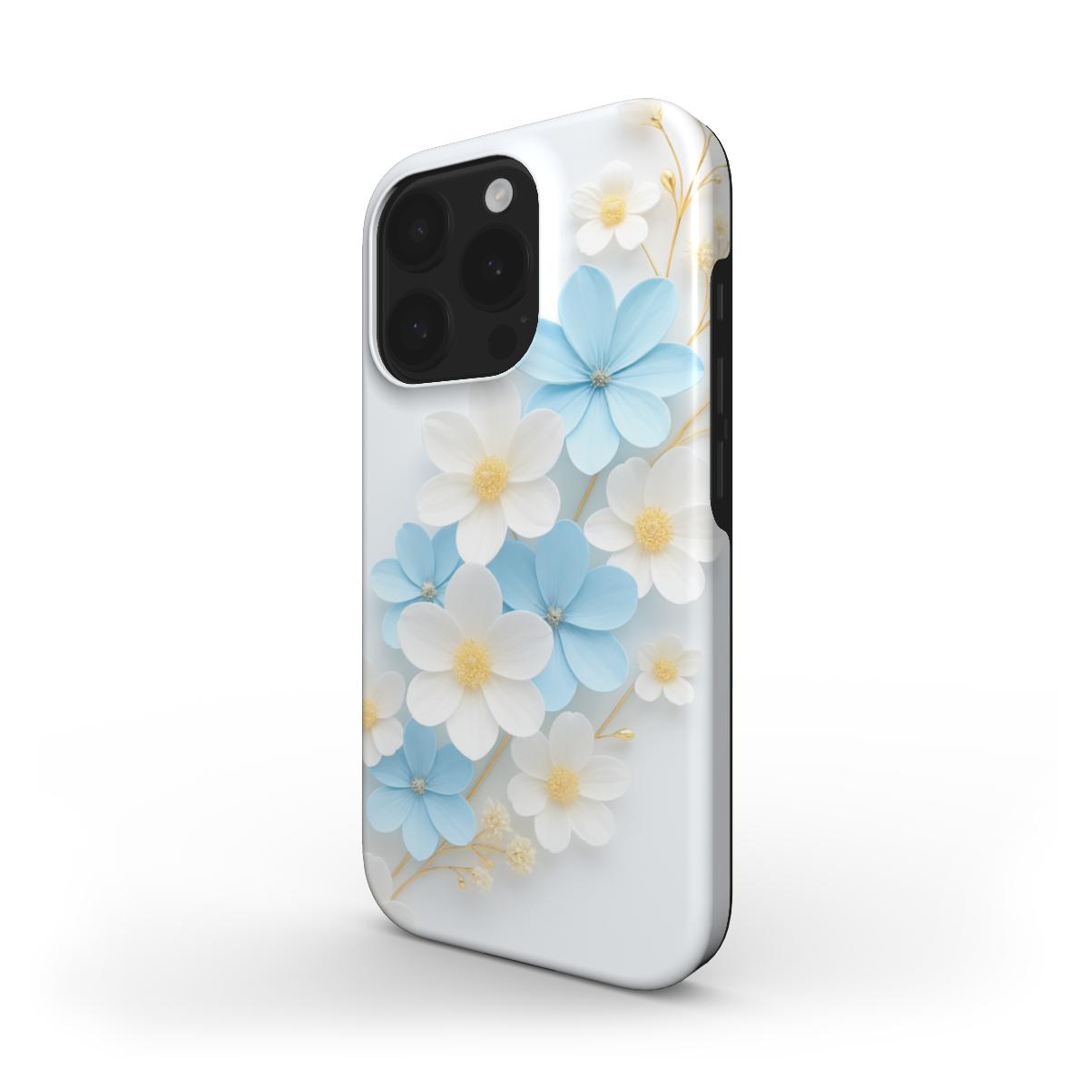 MagSafe Handyhülle mit weiß-blauen Blumen auf hellem Hintergrund – Seitenansicht