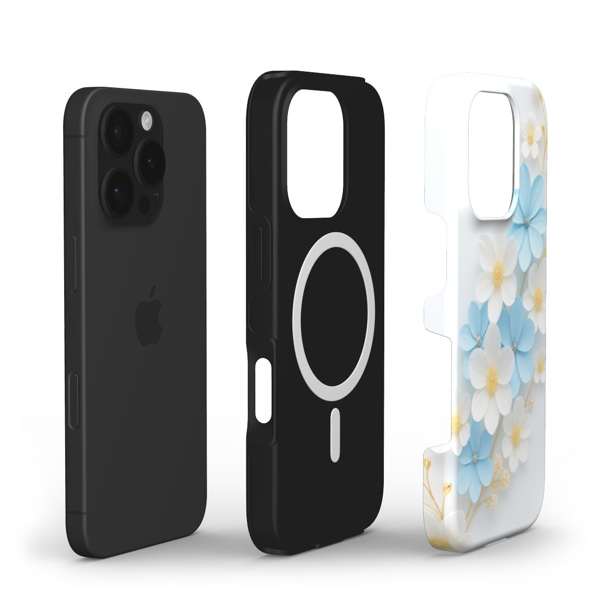 iPhone mit zerlegter MagSafe Hülle im Blumen-Design – Aufbauansicht