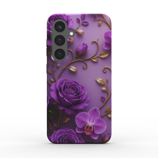 Rückseite der violetten Handyhülle mit 3D-Rosen und goldenen Ornamenten – perfekt für iPhone & Samsung