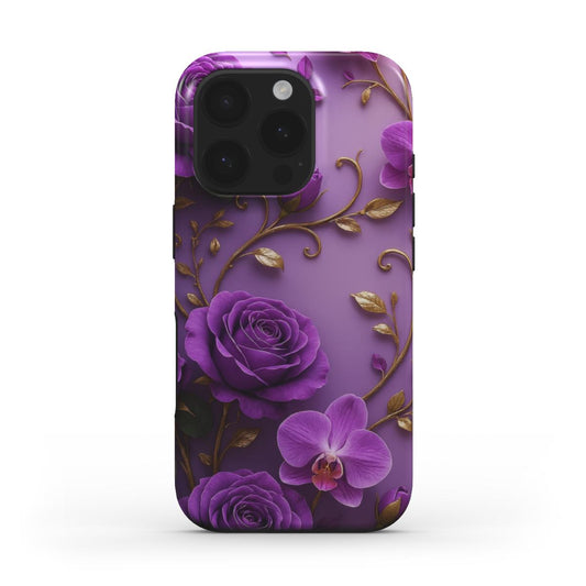 Rückseite der MagSafe Hülle mit violettem Rosenmotiv – elegante florale Handyhülle für iPhone