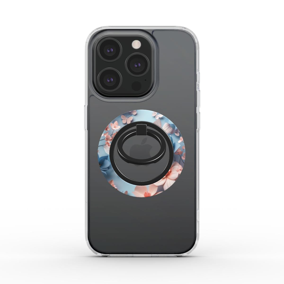 Alt-Text: Ringhalter auf transparenter iPhone-Hülle mit floralem Design – Rückansicht