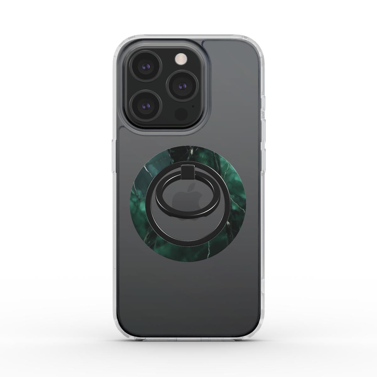 Seitenansicht eines iPhones in einer durchsichtigen Hülle mit dem magnetischen Ringhalter in grünem Marmor-Design, seitlich am Gerät.