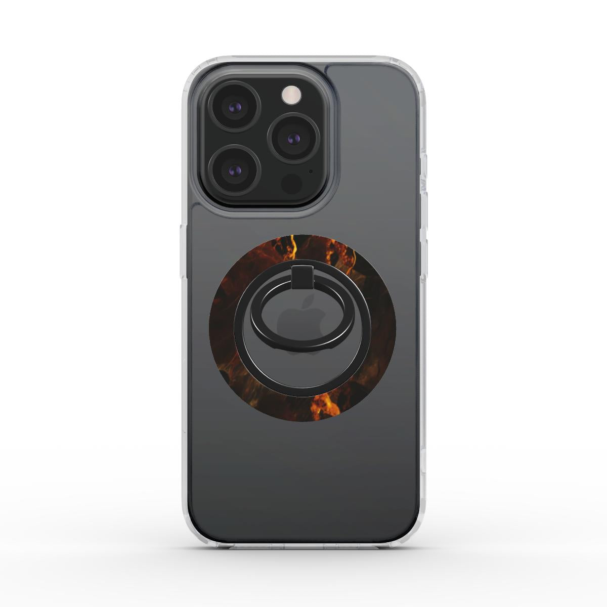 Seitenansicht eines iPhones in einer durchsichtigen Hülle mit dem magnetischen Ringhalter im feurigen Marmor-Design, seitlich am Gerät.