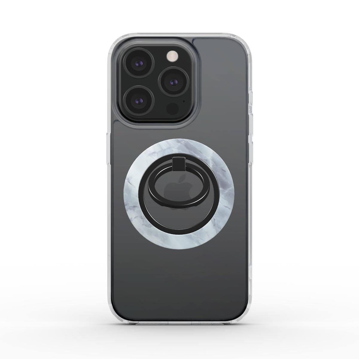 Seitenansicht eines iPhones in einer durchsichtigen Hülle mit dem magnetischen Ringhalter im grauen Marmor-Design, seitlich am Gerät.