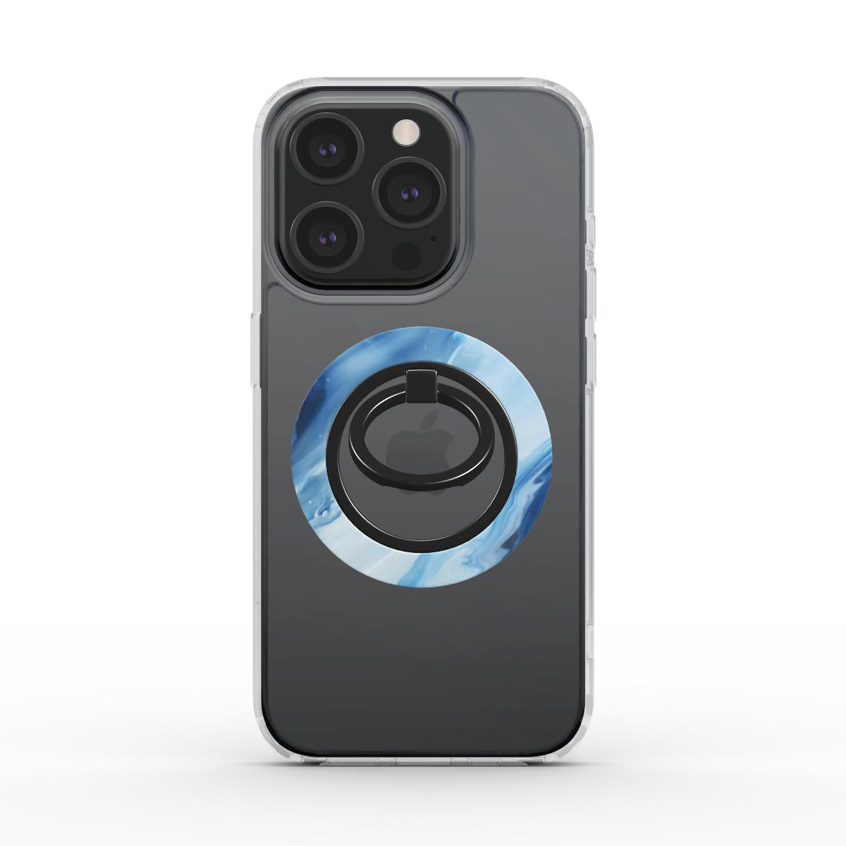 Seitenansicht eines iPhones in einer durchsichtigen Hülle mit dem magnetischen Ringhalter im blauen Marmor-Design, seitlich am Gerät.