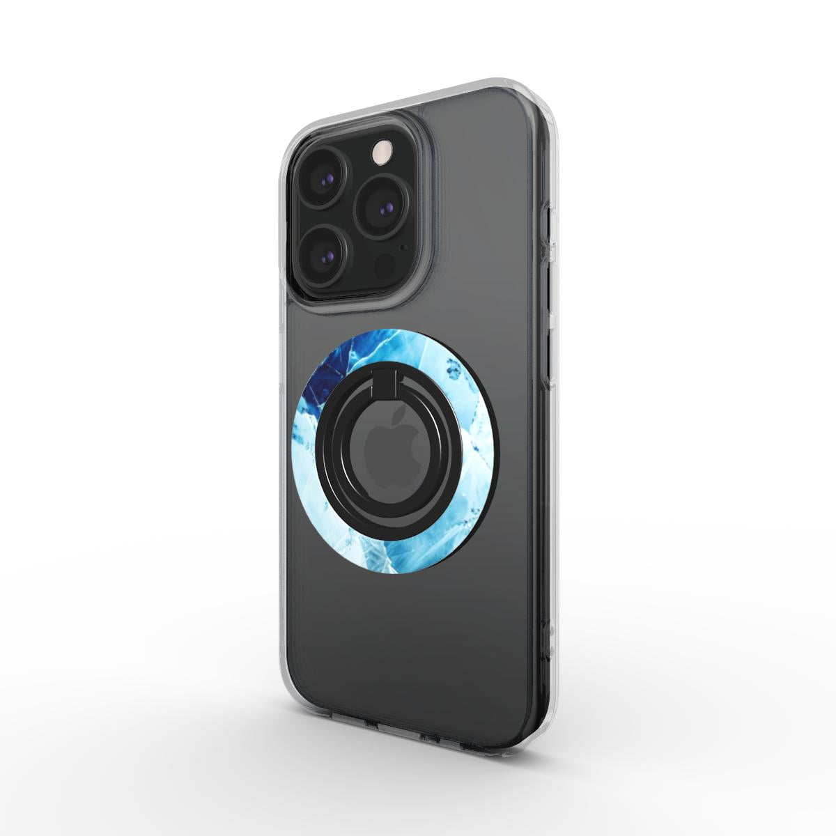 Frontansicht eines iPhones in einer klaren Hülle mit dem magnetischen Ringhalter im blauen Marmor-Design.