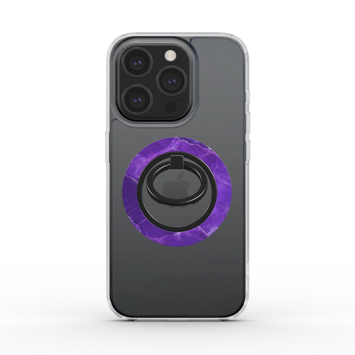 Frontansicht eines iPhones in einer klaren Hülle mit dem magnetischen Ringhalter im lila Marmor-Design.