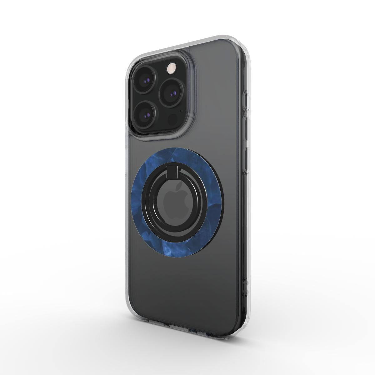 Frontansicht eines iPhones in einer klaren Hülle mit dem magnetischen Ringhalter im dunkelblauen Marmor-Design.