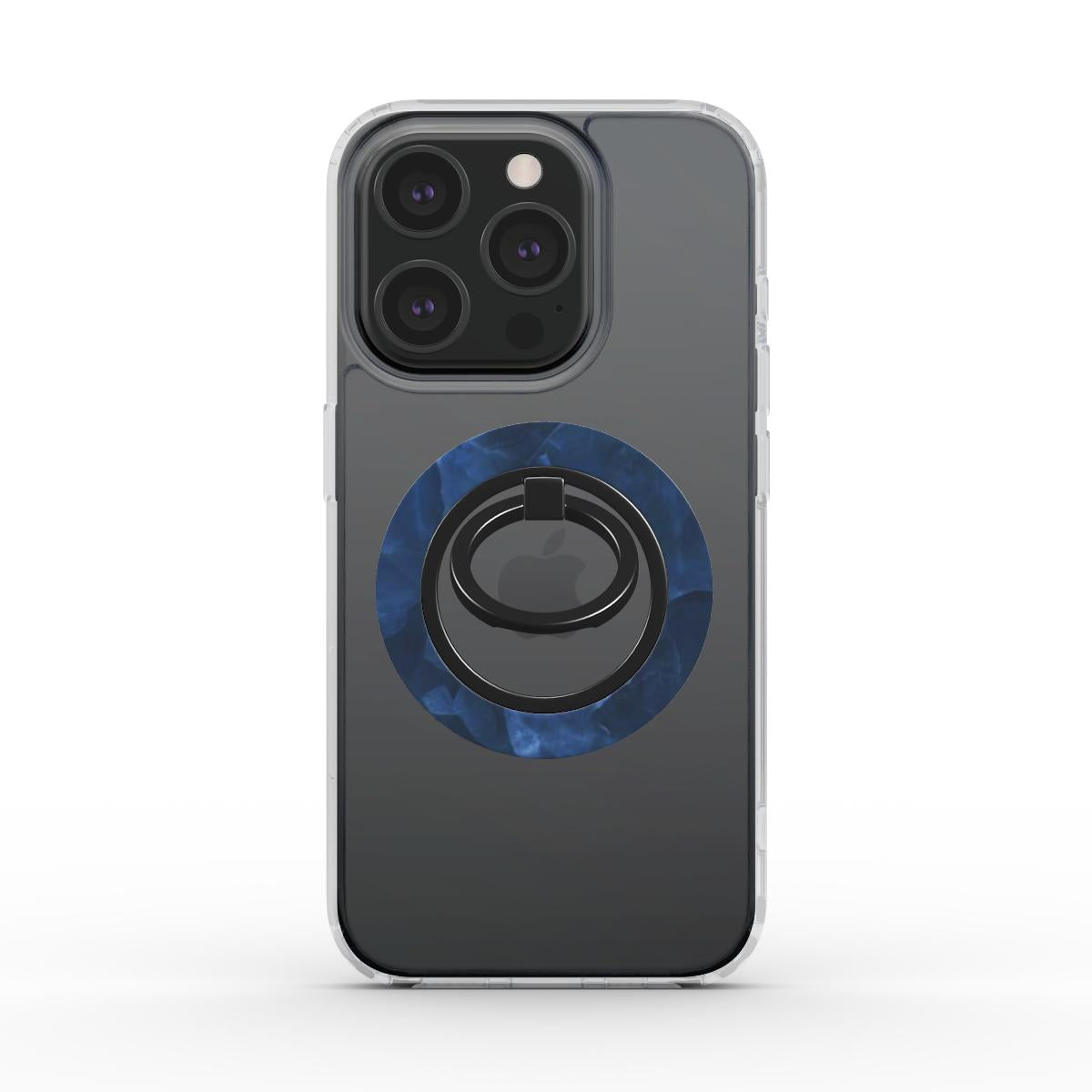Seitenansicht eines iPhones in einer klaren Hülle mit dem magnetischen Ringhalter im dunkelblauen Marmor-Design