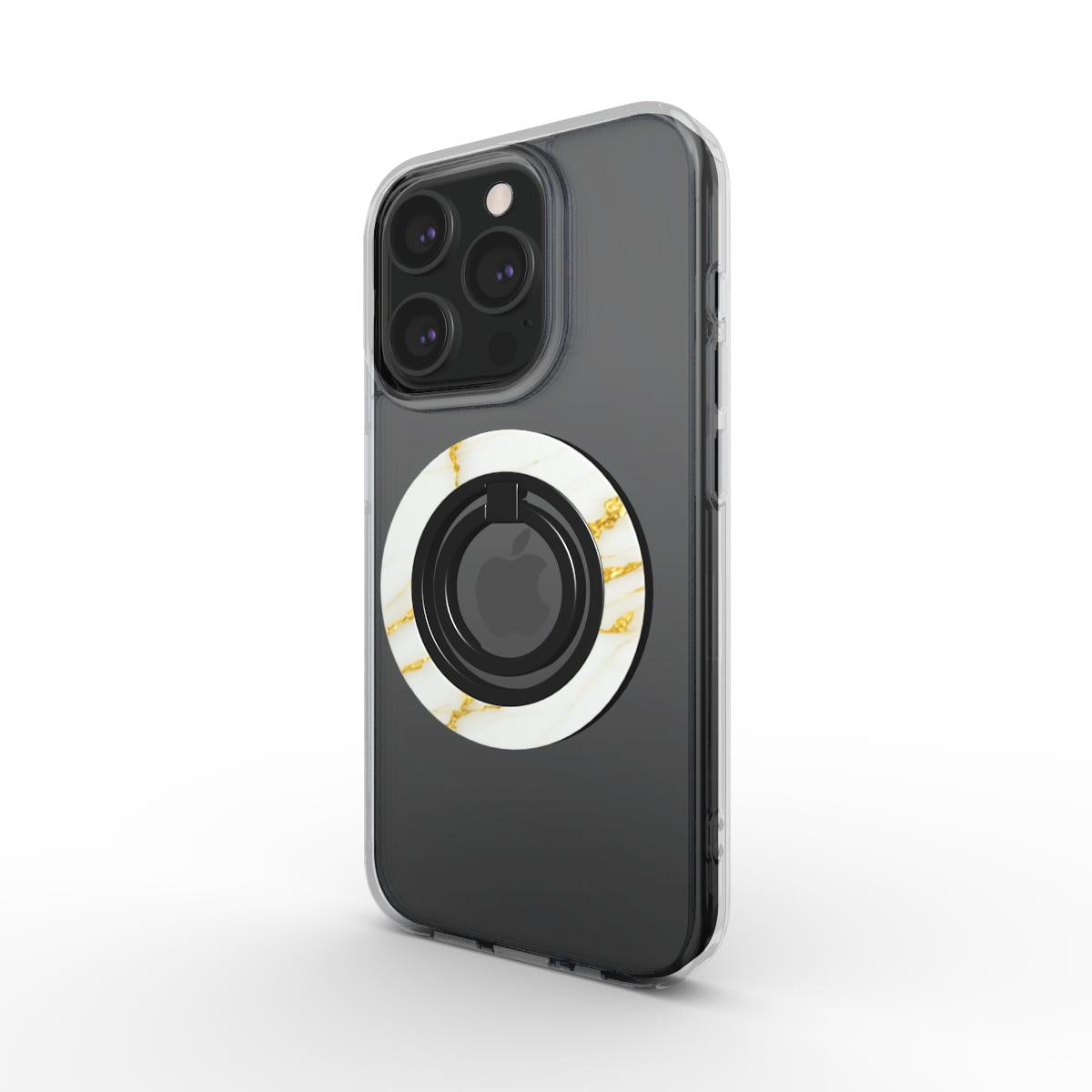Frontansicht eines iPhones in einer klaren Hülle mit dem magnetischen Ringhalter im Weiß-Gold Marmor-Design.