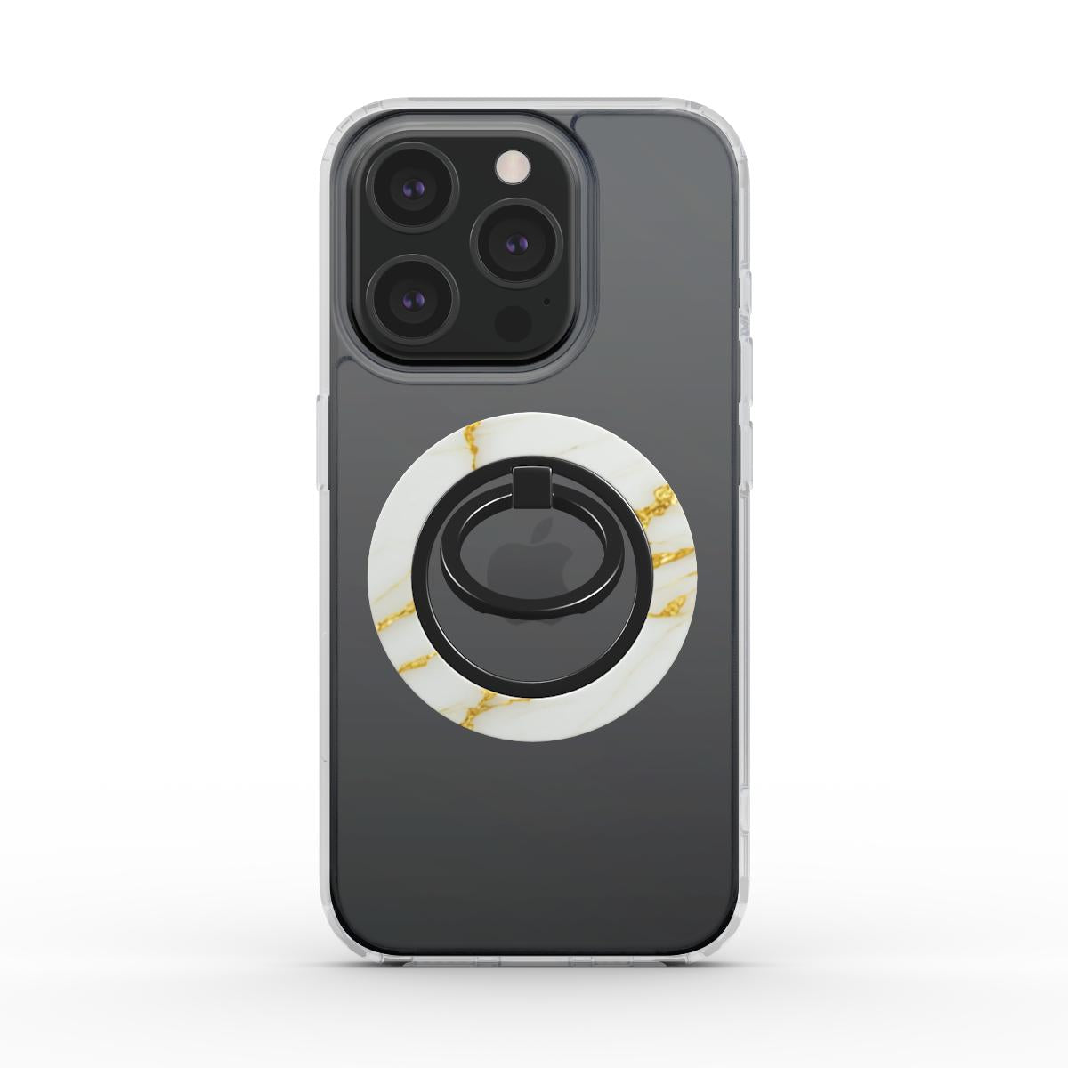 Seitenansicht eines iPhones in einer klaren Hülle mit dem magnetischen Ringhalter im Weiß-Gold Marmor-Design.