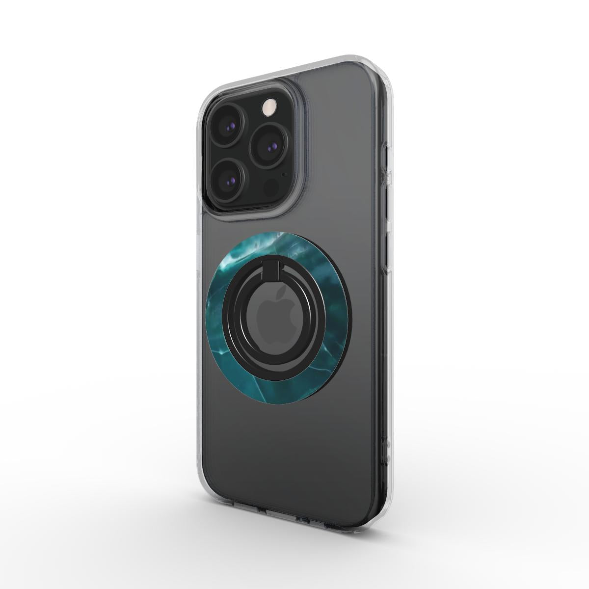 Frontansicht eines iPhones in einer klaren Hülle mit dem magnetischen Ringhalter im tiefgrünen Marmor-Design.