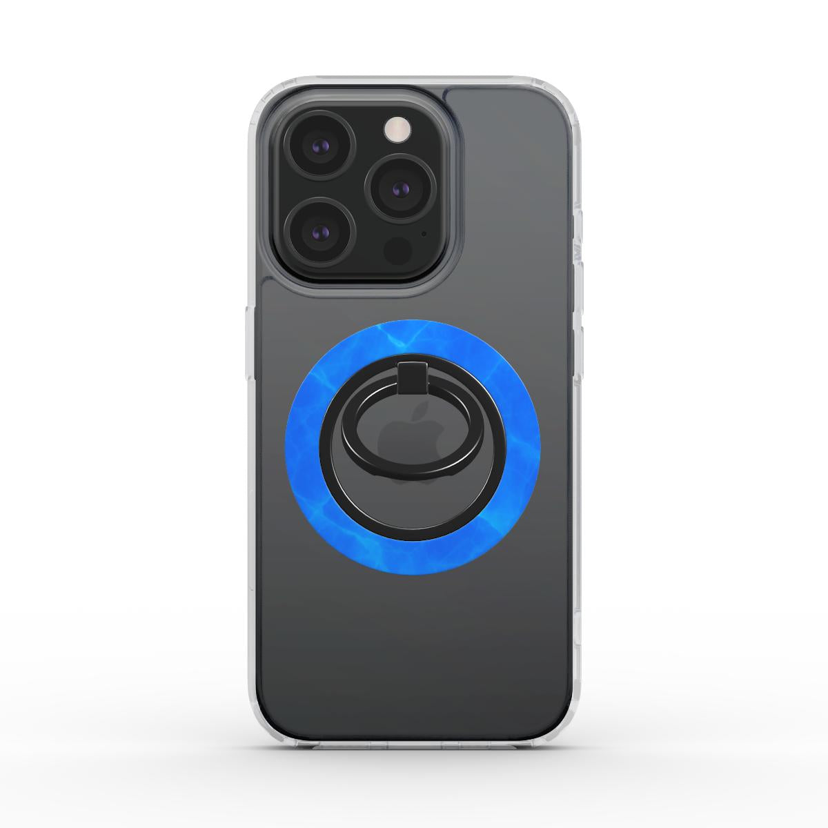 Seitenansicht eines iPhones in einer klaren Hülle mit dem magnetischen Ringhalter im Kristall-Blau-Design.