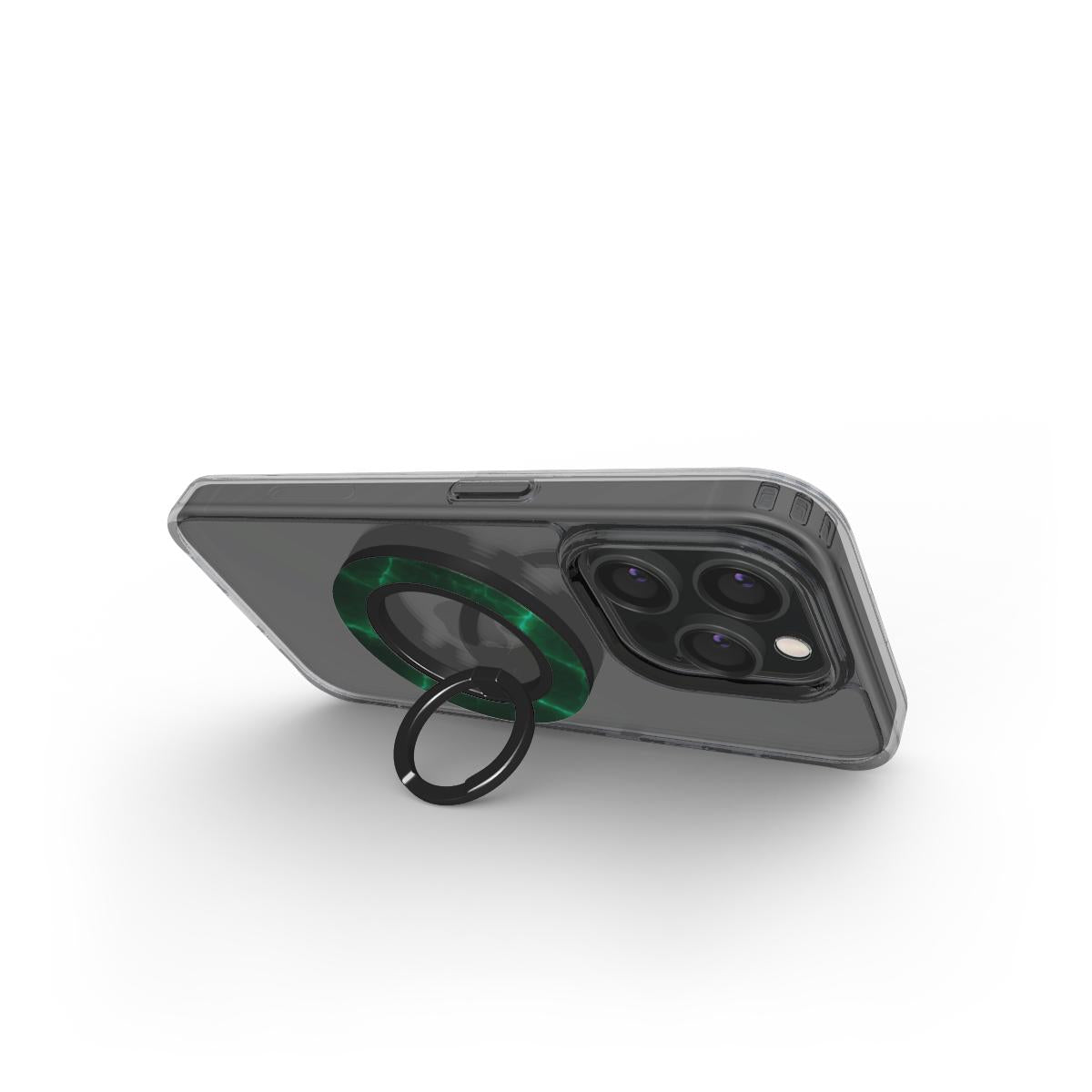 Handy mit Ringhalter im Standmodus horizontal aufgestellt