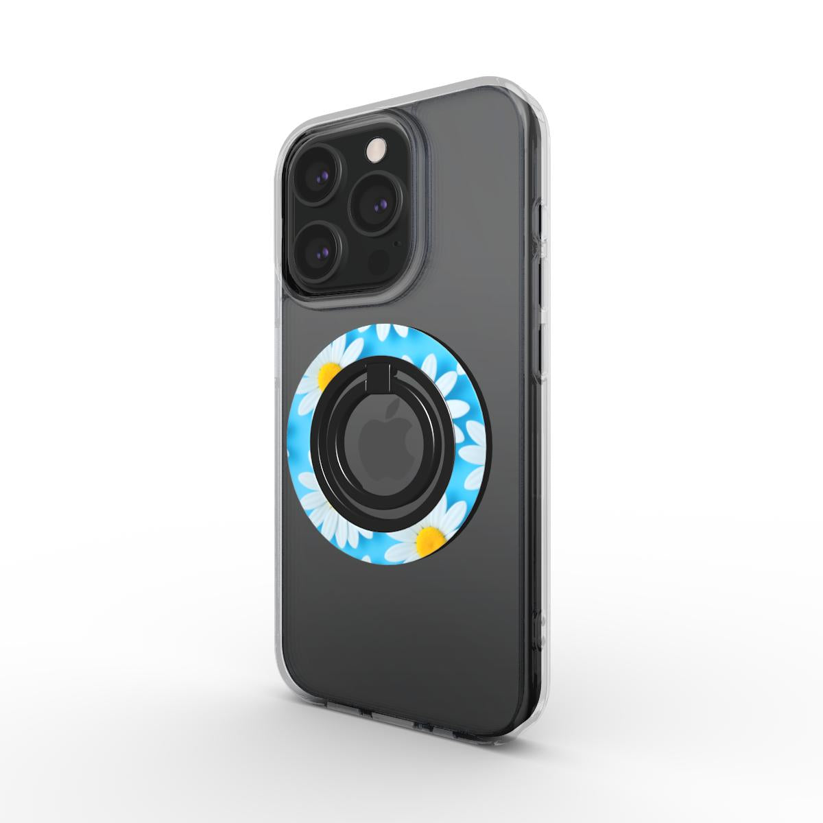 Blauer Ringhalter mit Blumenmuster auf Smartphone – seitliche Perspektive