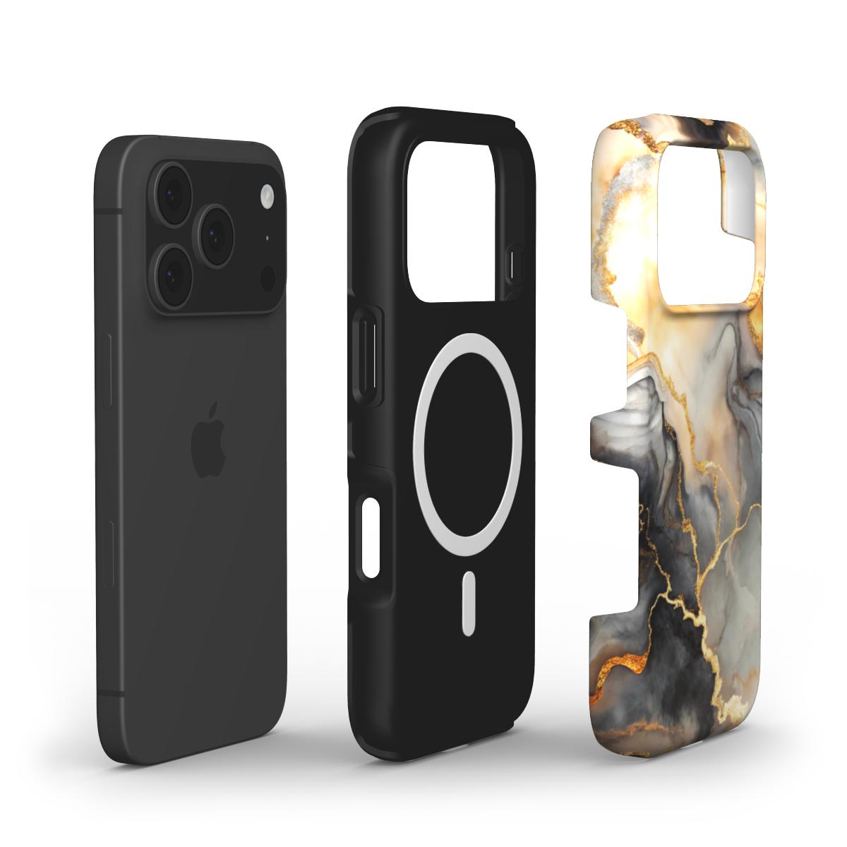 MagSafe Handyhülle Golden Ember – Explosionsansicht mit Magnetring und Dual-Layer-Aufbau