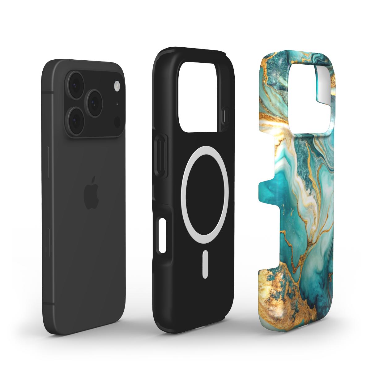 MagSafe Handyhülle Emerald Tide – Explosionsansicht mit Magnetring und Dual-Layer-Struktur