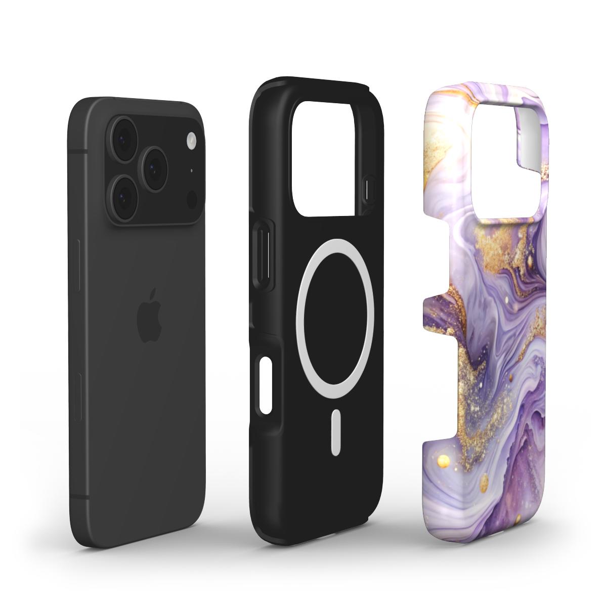 MagSafe Handyhülle Lavender Aura – Explosionsansicht mit Magnetring und Dual-Layer-Aufbau