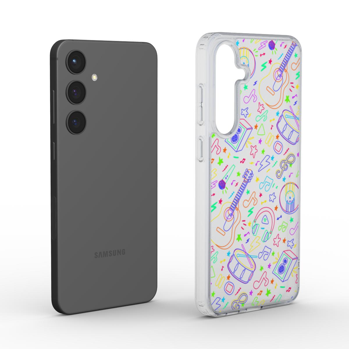 Transparente Musik-Handyhülle – buntes Musikdesign auf klarem TPU, Soft-Touch Oberfläche – Case neben Smartphone dargestellt