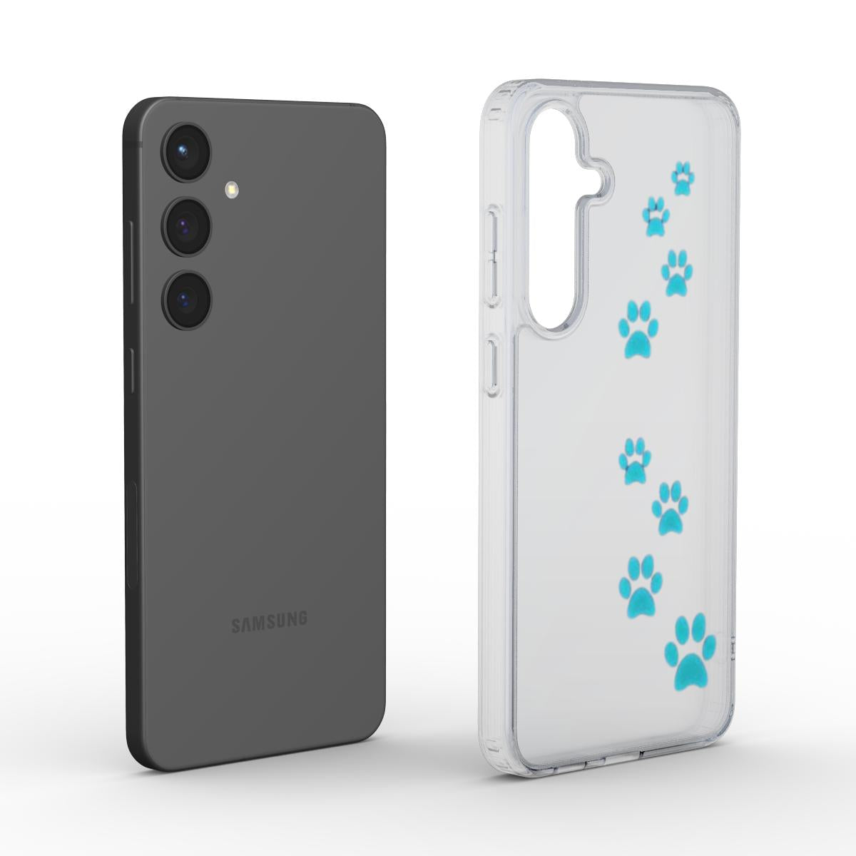 Transparente Pfoten-Handyhülle – blaues Pfotendesign auf klarem TPU – Case neben Smartphone dargestellt