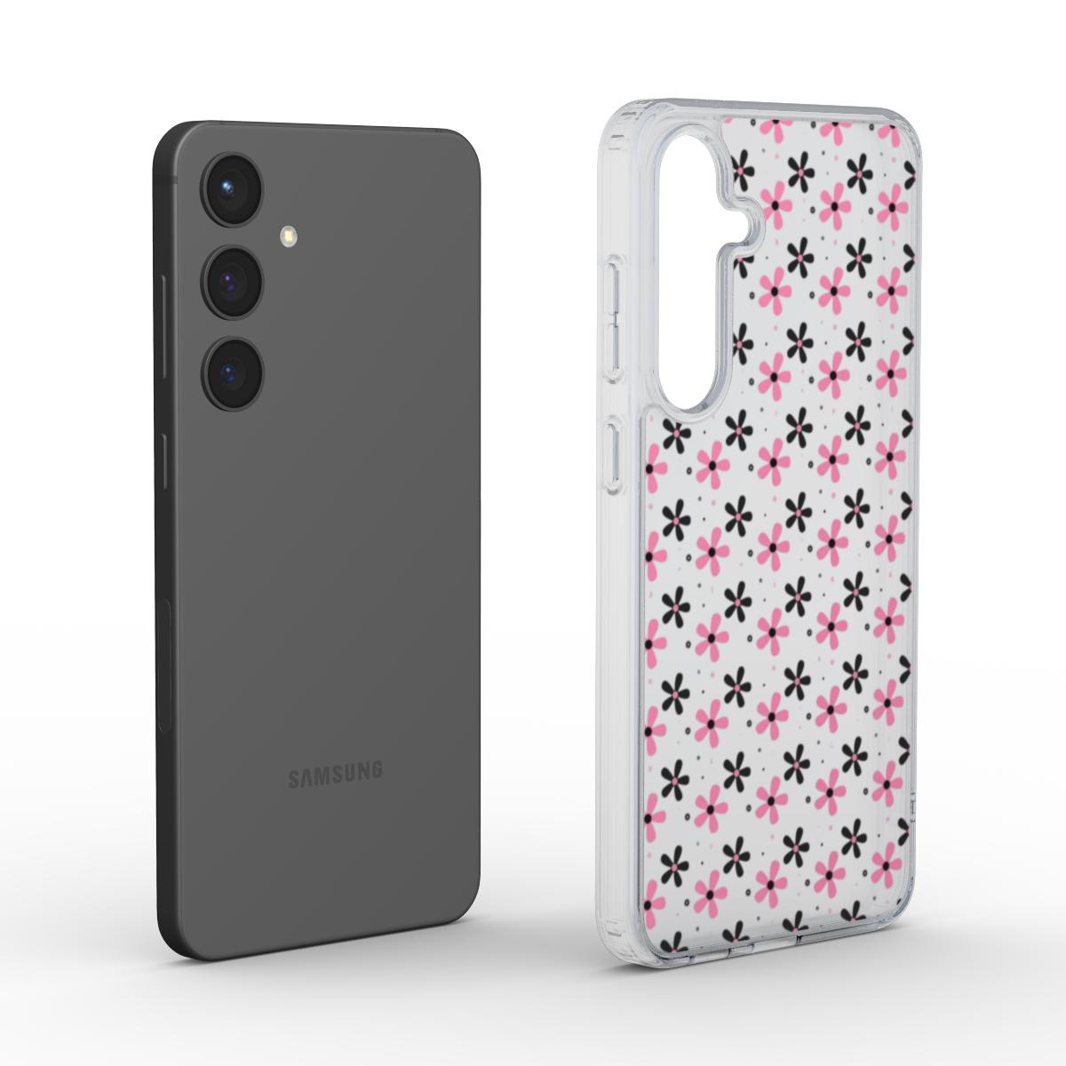 Transparente Blumen-Handyhülle neben Smartphone, Produktdarstellung.