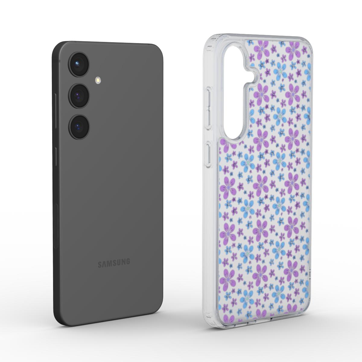 Transparente Blumen-Handyhülle neben Smartphone, Produktvisualisierung.