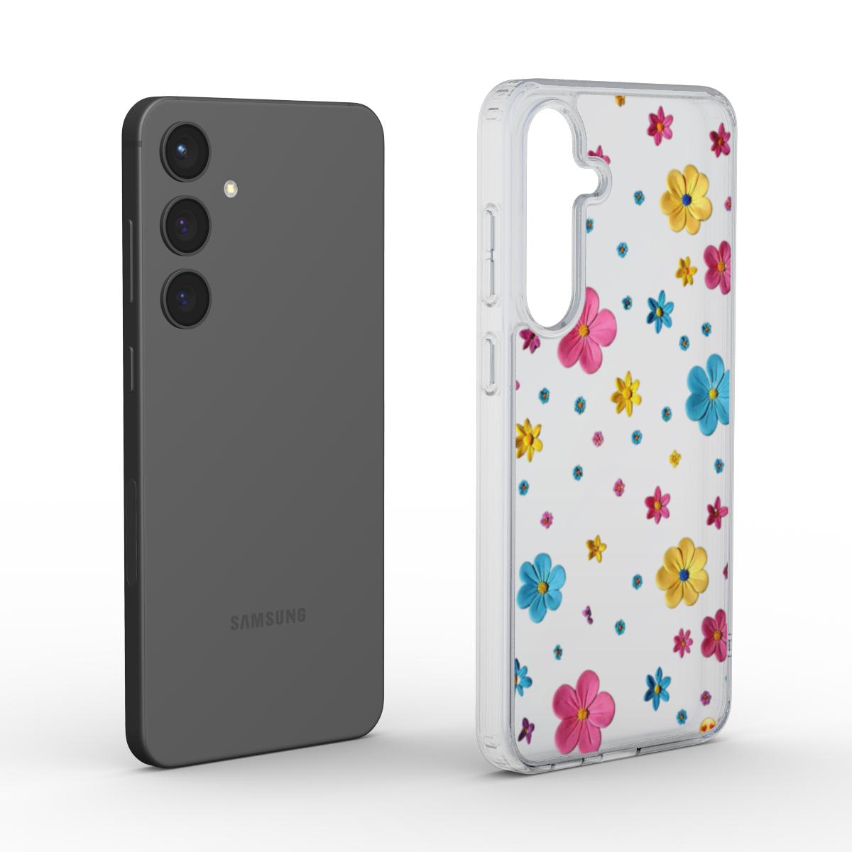 Transparente Blumen-Handyhülle neben Smartphone, Produktdarstellung.