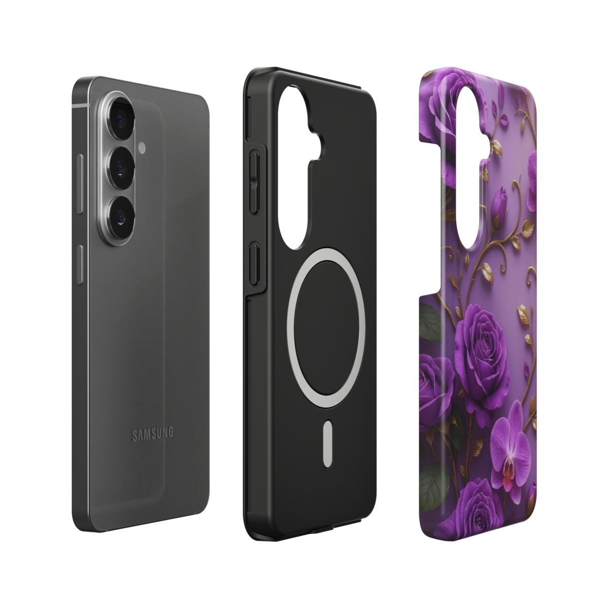 Stoßfeste Dual-Layer Handyhülle Seitenansicht Violette Rosen & Orchideen