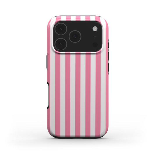 Rückansicht der stossfesten Handyhülle Bonbon-Rosa mit Streifenmuster