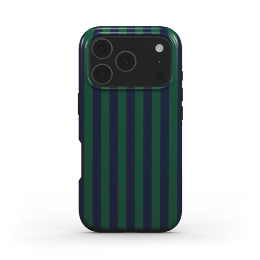Rückansicht der stossfesten Handyhülle Tannen-Grün mit Streifenmuster