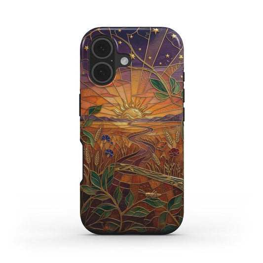 Stoßfeste Handyhülle Goldener Sonnenuntergang – Lumina Mosaik Edition – Frontansicht auf iPhone – Glasmosaik Design