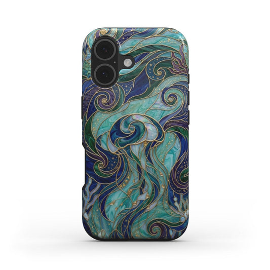 Stoßfeste Handyhülle Qualle Tiefsee – Lumina Mosaik Edition – Frontansicht auf iPhone – Glasmosaik Design