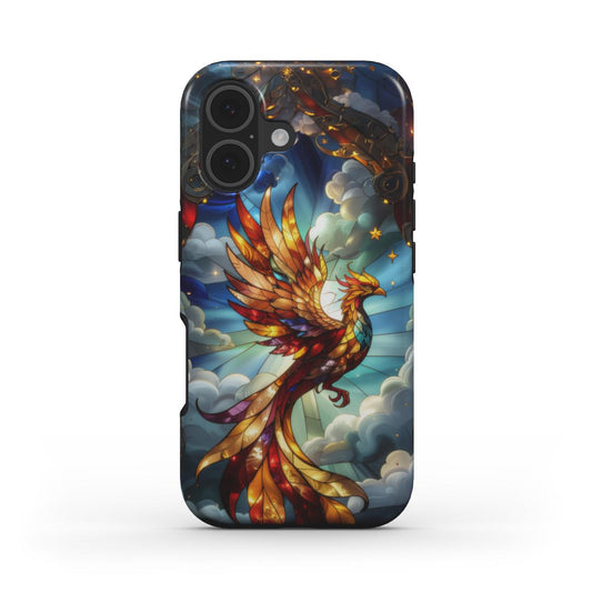 Stoßfeste Handyhülle Goldener Phönix – Lumina Mosaik Edition – Frontansicht auf iPhone – Glasmosaik Design