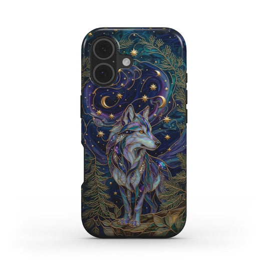 Stoßfeste Handyhülle Mystischer Wolf – Lumina Mosaik Edition – Frontansicht auf iPhone – Glasmosaik Design